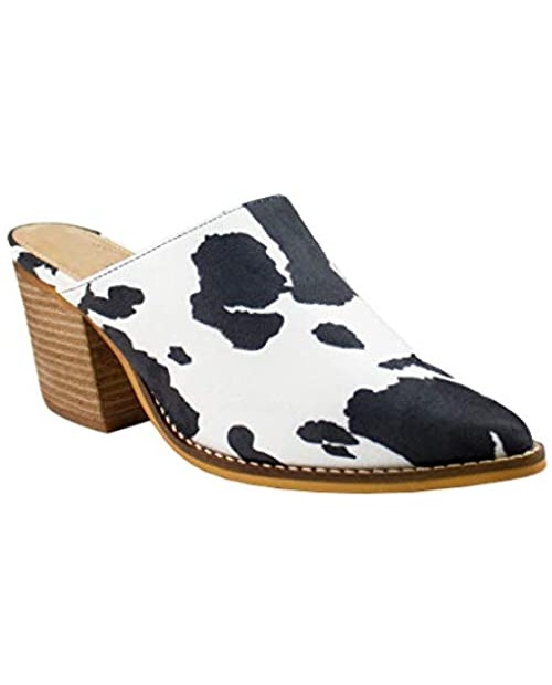 Kathaya Stacked Heel Women’s Slide Mule Slip On Cow Print Pointed Toe Womens Fashion Mules