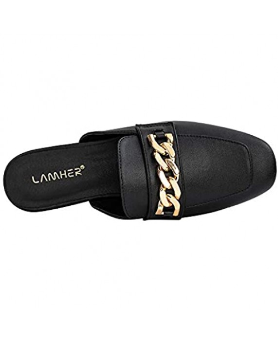 LAMHER Women's Chain Mules Flats Closed Toe Backless Slip On Slippers Casual Daily Loafers Shoes