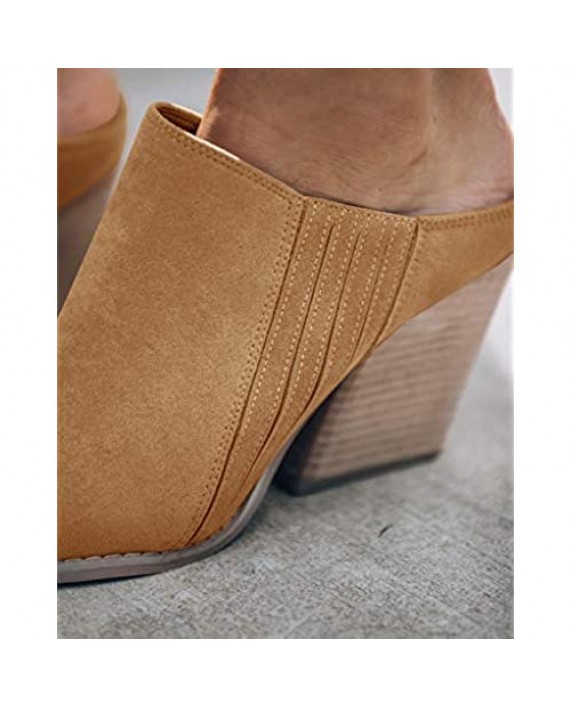 Womens Closed Pointed Toe Slip on Chunky Stacked Heel Mules Backless Dress High Heel Shoes