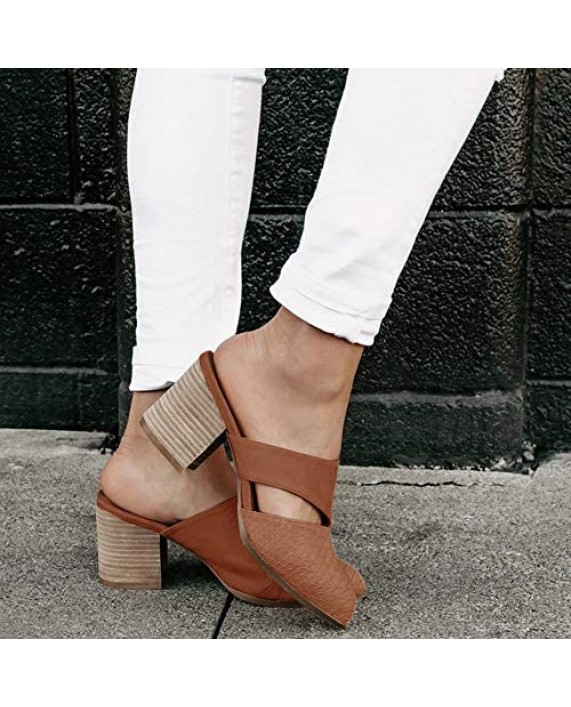 Womens Cutout Backless Chunky Stacked Mules Slip On Closed Toe Scale Heeled Sandal Shoes