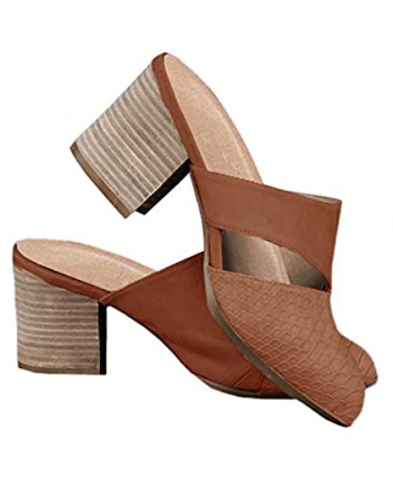 Womens Cutout Backless Chunky Stacked Mules Slip On Closed Toe Scale Heeled Sandal Shoes