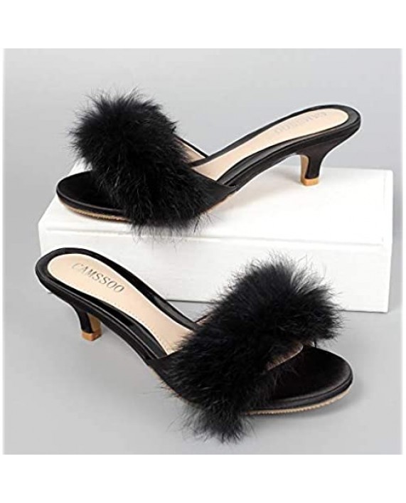 Women's Faux fur Kitten Heel Sandals Mules Slip On Open Toe Backless Dress Sexy Low Heeled Slipper Slides