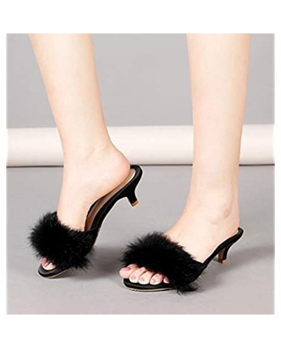Women's Faux fur Kitten Heel Sandals Mules Slip On Open Toe Backless Dress Sexy Low Heeled Slipper Slides