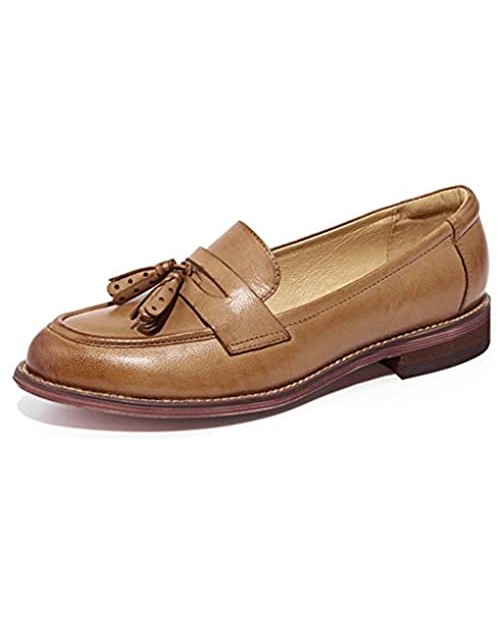 Beau Today Women's Casual Genuine Leather Brogue Penny Loafers Moccasins Slip-On Flats Handmade Shoes