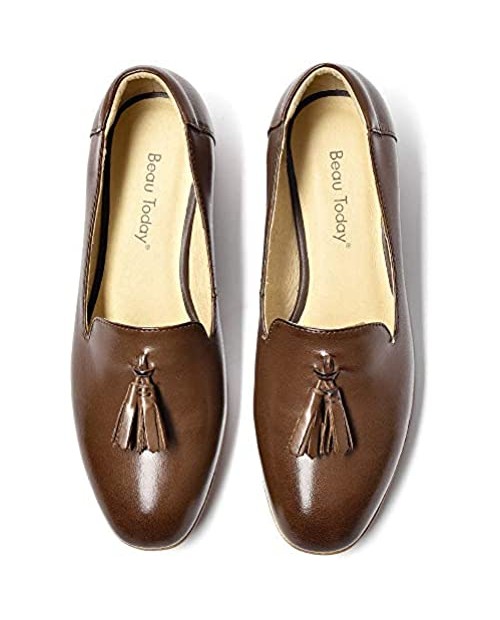 Beau Today Women's Soft Leather Slip Ons Loafers Stylish Tassel Flats