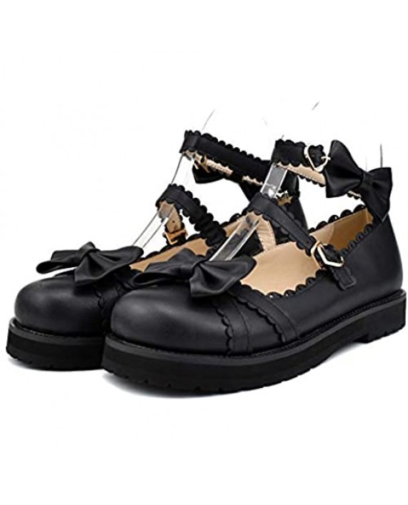 100FIXEO Women Fashion Flat Heel Bow Buckle Strap Platform Round Toe Cosplay Lolita Mary Janes Shoes