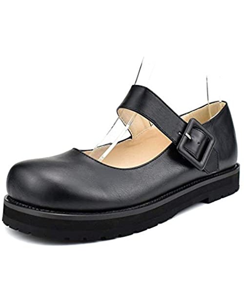 100FIXEO Women Fashion Mary Janes Shoes Vintage Buckle Strap Elegant Platform Flats Round Toe Concise School Shoes