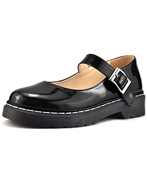 100FIXEO Women Retro Black Mary Jane Shoes Patent Leather Buckle Strap Platform Sewing Casual Flats Heel Classics Round Toe School Shoes