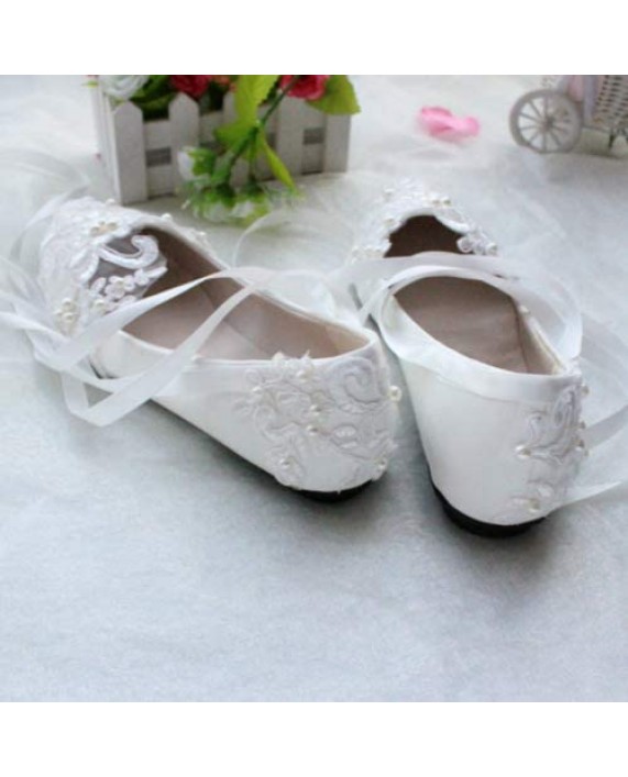 Dress First Women’s Strap Wedding Flat Bridal Closed Toe Shoes Low Heel Flats with Pearl