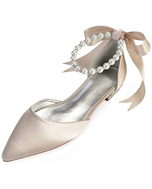 LLBubble Women Satin Pearls Wedding Flats Shoes for Bride Pointed Toe Prom Evening Bridal Party Dress Flats 5047-37