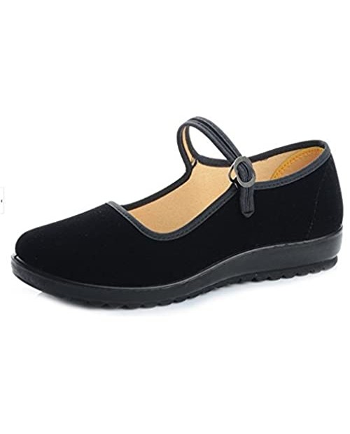 missfiona Black Cotton Mary Jane Dance Flat Old Beijing Cloth Walking Shoes for Women