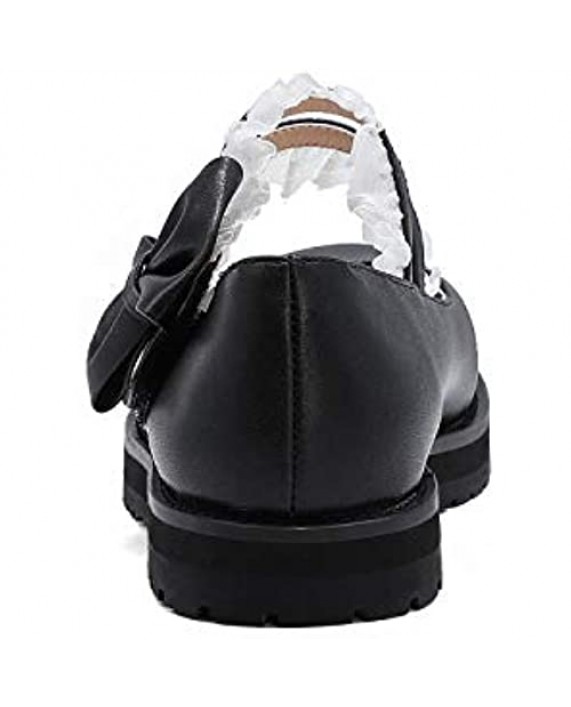 Odetina Womens Fashion Bow Lace Block Chunky Heel Platform Round Toe Cosplay Lovely Lolita Mary Janes Shoes