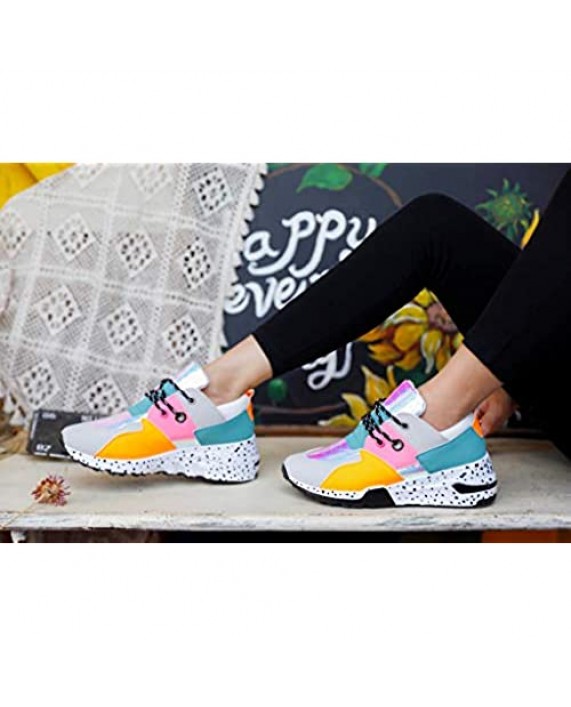 LUCKY-STEP Women Breathable Mesh Fashion Leopard Sneakers Non-Slip Leather Lace Up Print Casual Athletic Walking Shoes