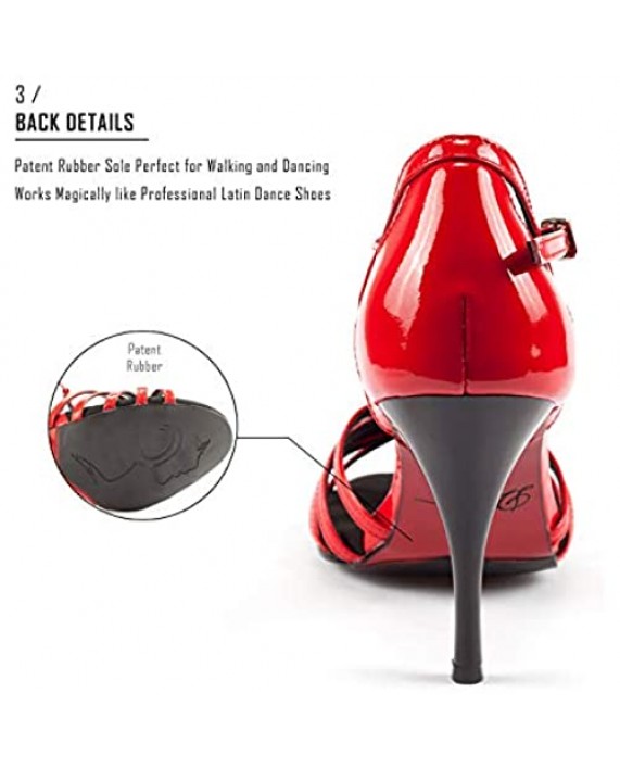 Dancine Alicia Lambskin Leather Hybrid Dress High Heels Ballroom Bachata Dance Shoes.Rubber Out Sole 3.3"/8.5cm