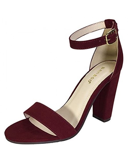 BAMBOO Women's Single Band Chunky Heel Sandal with Ankle Strap Burgundy Faux Suede 8.0 B US