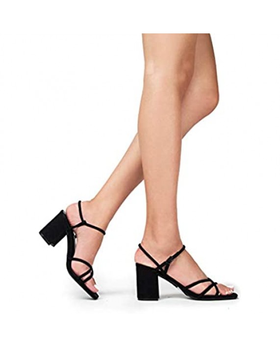 J. Adams Camila Sandals for Women - Square Open Toe Strappy Mid Block Heels