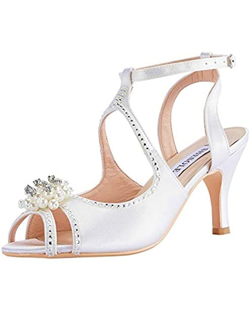 SheSole Women Low Heel Open Toe Sandals Rhinestone Pearls Satin Bridal Wedding Shoes For Bride