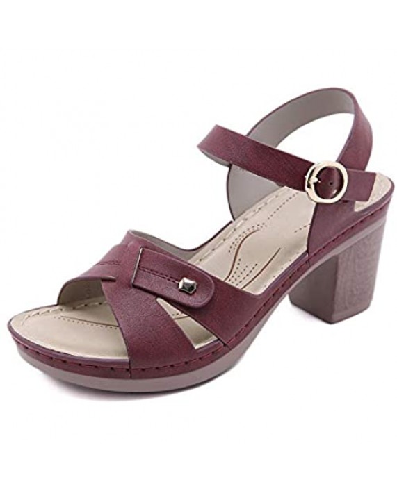 SHIBEVER Women Open Toe Ankle Strap Sandals Summer Platform Sandal Block Heel Boho Chunky Dress Party Shoes US5-10