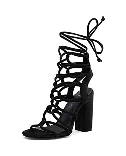 Shoe Land KYLER Women's Open Toe Lace Up Party Shoes Chunky Block Heeled Sandals