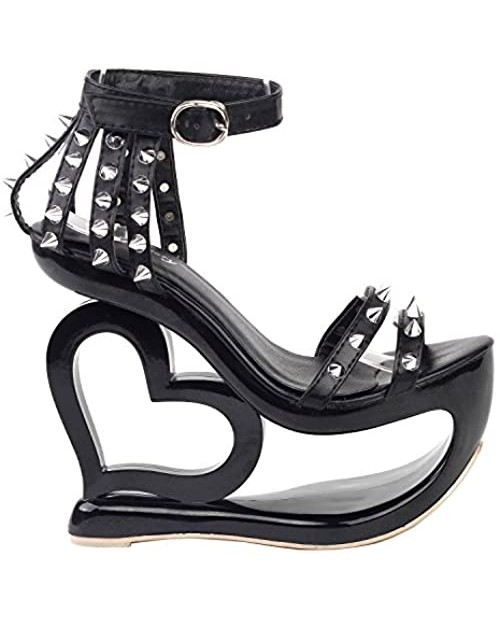 SHOW STORY Punk Black Spikes Strappy Heart Heel Wedge Evening Sandals LF40204