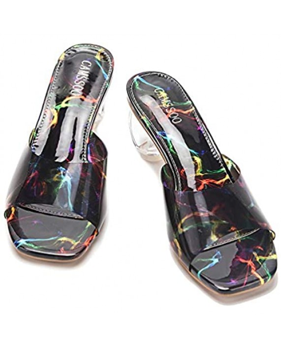 Women's Clear Square Toe Mules Sandals Open Toe Multicolor Transparent PVC Slip On Backless Strange Lucite Block Chunky Heel Slippers Slides