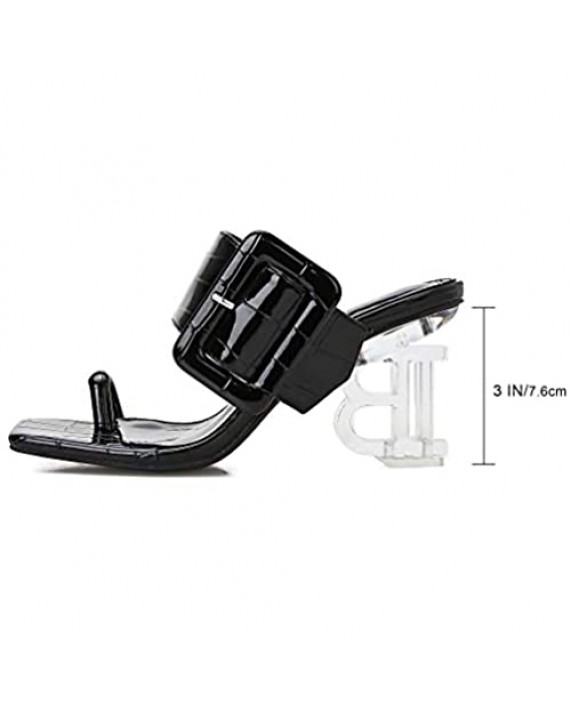 Women's Patent Leather PU Clear Lucite Mules Square Open Toe Chunky Heel Sandals Slip On Toe Ring Flip Flops Dress High Heels Backless Slides Slippers