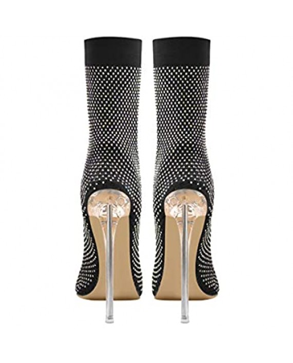 Yolkomo Women's Clear Fishnet Pointed Toe Slim High Heels Rhinestone Sandals