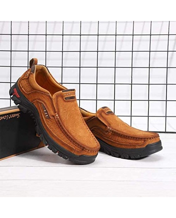 CREPUSCOLO Men's Hiking Shoes Casual Slip-on Loafers Genuine Leather Comfortable Walking Shoe for Male