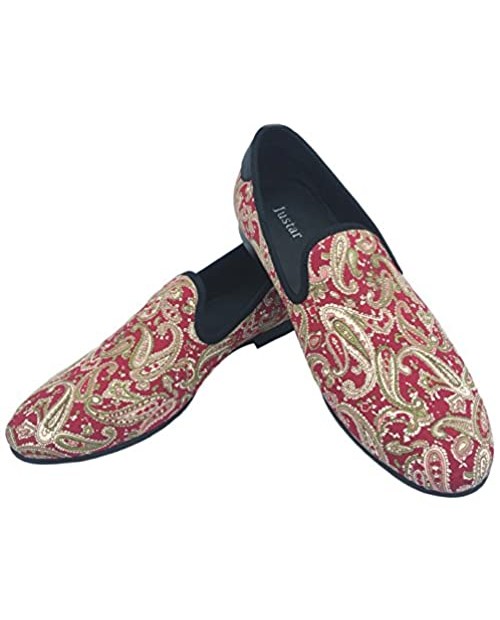 Justar Men's Designer Loafers Casual Leather Dress Shoes Evening Slip On Printed Smoking Slippers Driving Flats Blue Red