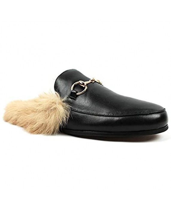 Mens Backless Slip On Real Leather Faux Fur Gold Buckle Round Toe Loafers Shoes
