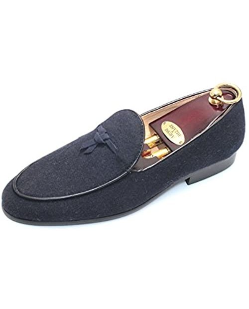 SMYTHE & DIGBY Men's Navy Belgian Blue Flannel Albert Slippers Leather Velvet Loafers