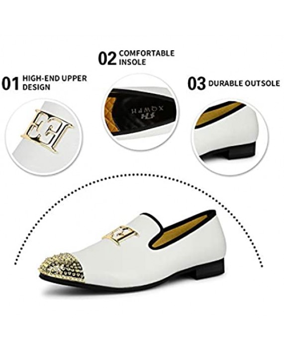 XQWFH Mens Leather Loafers Spiked Dress Shoes with Gold Buckle Penny Slip-On Luxury Men Wedding Party Prom Shoes