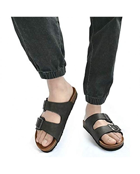 KUAILU Mens Mens Slides Sandals Arizona Comfort Slip On Cork Footbed Sandals with Two Adjustable Leather Straps for Outdoor/Indoor