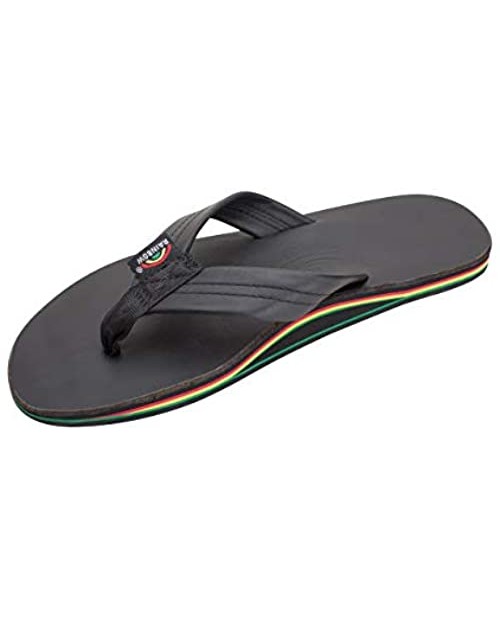 Rainbow Sandals Men's Leather Rasta - Single Layer Two Tone Black Leather Sandals with Rasta Mid Sole