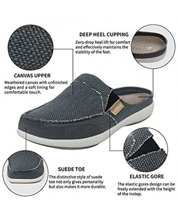 VWALK Mens Casual Canvas Slippers with Arch Support，Indoor and Outdoor Orthotic Slip-On Slides for Flat Feet and Plantar Fasciitis