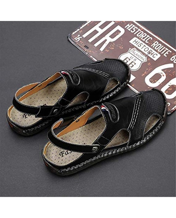 Moodeng Sandals for Men Closed Toe Leather Sandals Athletic Strap Adjustable Loafers Outdoor Beach Fisherman Shoes Black