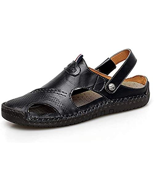 Moodeng Sandals for Men Closed Toe Leather Sandals Athletic Strap Adjustable Loafers Outdoor Beach Fisherman Shoes Black