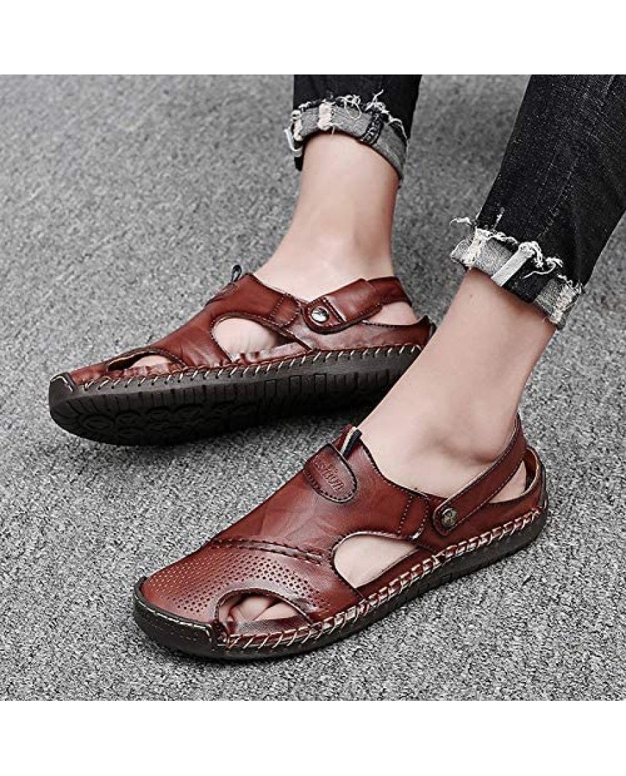 Moodeng Sport Sandals Closed Toe Leather Sandals Maroon - Sport Sandals ...