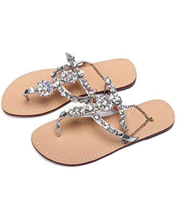 azmodo Women's PU Rhinestones Chains Flat Gladiator Sandals Wedding Shoes Silver Color