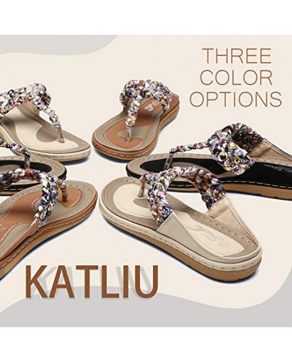 Katliu Women's Flat Sandals Bohemian Summer Comfort Flip Flops Slip on Beach Sandals T-Strap