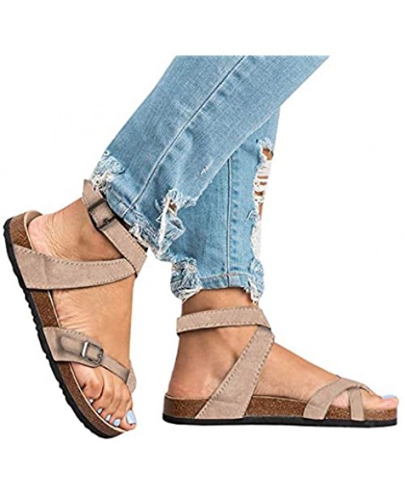 Liyuandian Womens Cross Toe Double Buckle Strap Summer Leather Flat Mayari Sandals