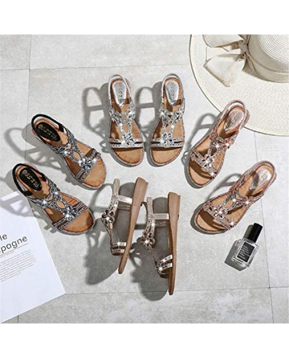 NIYIGEJI Women's Flat Sandals Summer Beach Sandal T-Strap Rhinestone Beaded Bohemia Shoes
