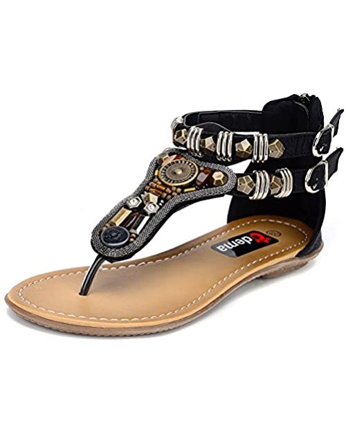 Odema Womens Flat Sandals Bohemian Beads Coin Back Zip Thong Dressy Shoes