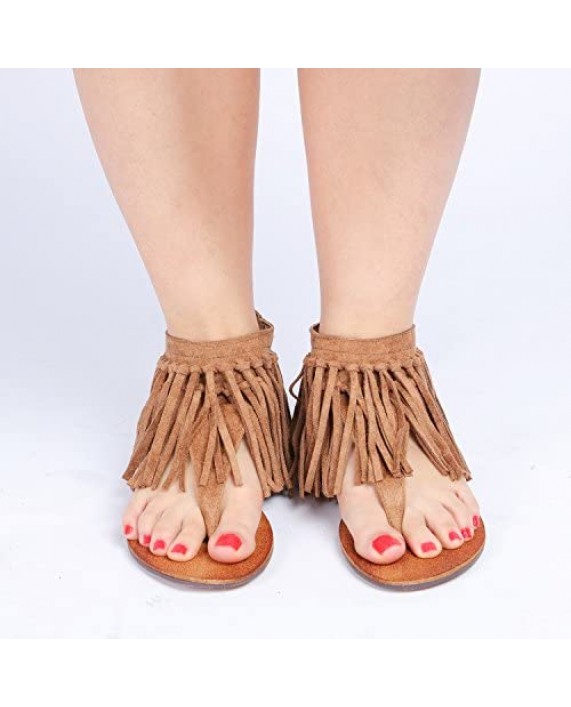 Odema Womens Flat Sandals Thong Sandals Faux Suede Tassel Zip T-Strap Sandals