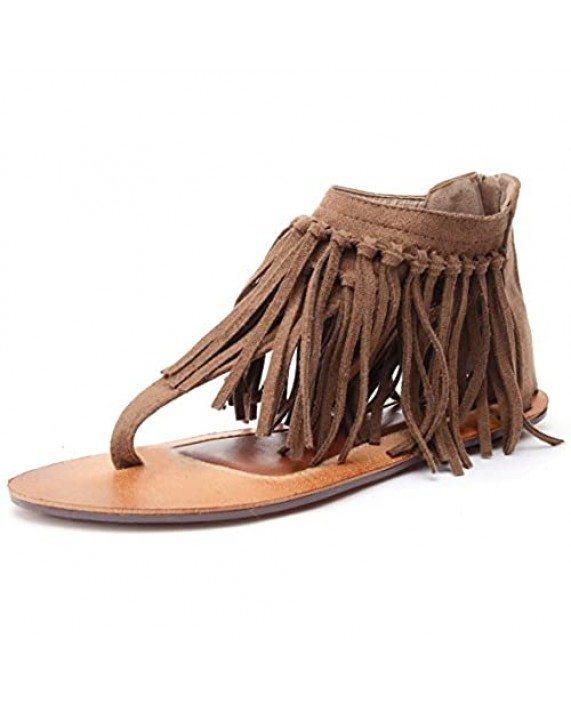 Odema Womens Flat Sandals Thong Sandals Faux Suede Tassel Zip T-Strap Sandals