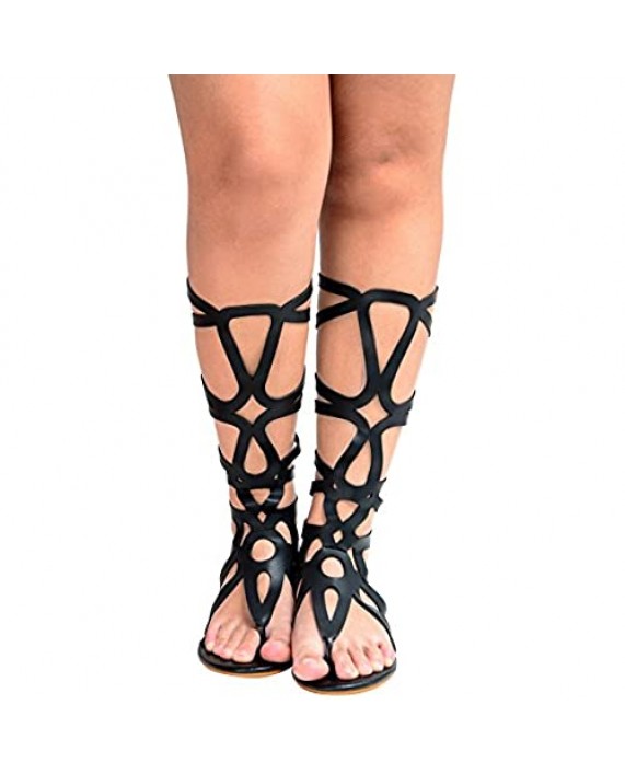 Odema Womens Knee High Flat Sandals Boot Gladiator Roman Strappy Zip Thong Sandals