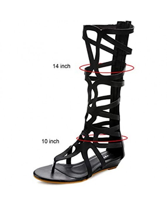 Odema Womens Knee High Flat Sandals Boot Gladiator Roman Strappy Zip Thong Sandals