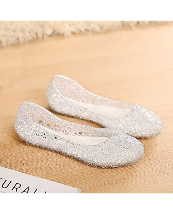 OMGard Women Jelly Flats Sandals White Clear Glitter Shoes for Ladies Size 6 Slip On Summer Ballet Flats Crystal Layered Lines Bird Nest Soft Hollow Out Loafers