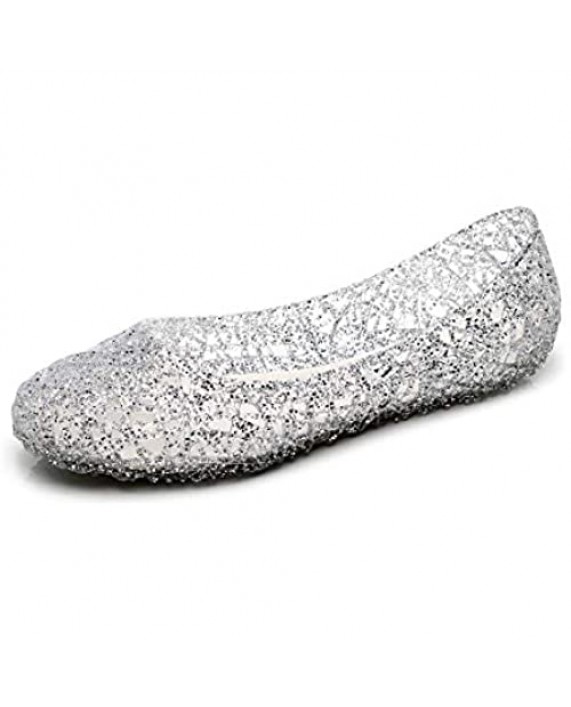 OMGard Women Jelly Flats Sandals White Clear Glitter Shoes for Ladies Size 6 Slip On Summer Ballet Flats Crystal Layered Lines Bird Nest Soft Hollow Out Loafers