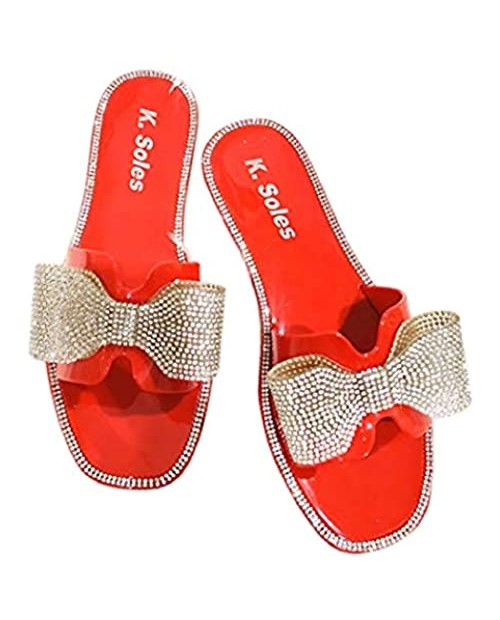 Rhinestone Bow Jelly Sandals Flat for Women Perfect for Wedding Party Anniversary Engagement for Spring or Summer time